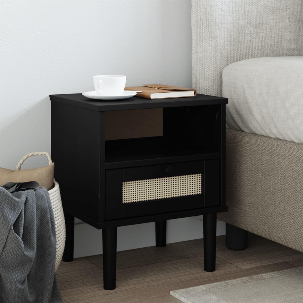 vidaXL SENJA Rattan Look Bedside Cabinet - Black Solid Pine Wood with UV Varnish Finish - Modern Styled Bedroom Furniture